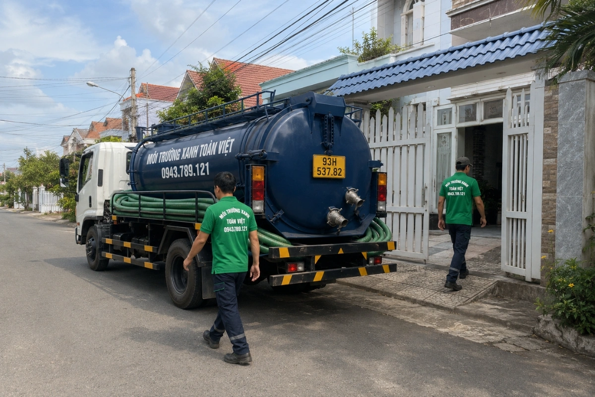 Đội ngũ hút hầm cầu Môi Trường Xanh Toàn Việt đang làm việc