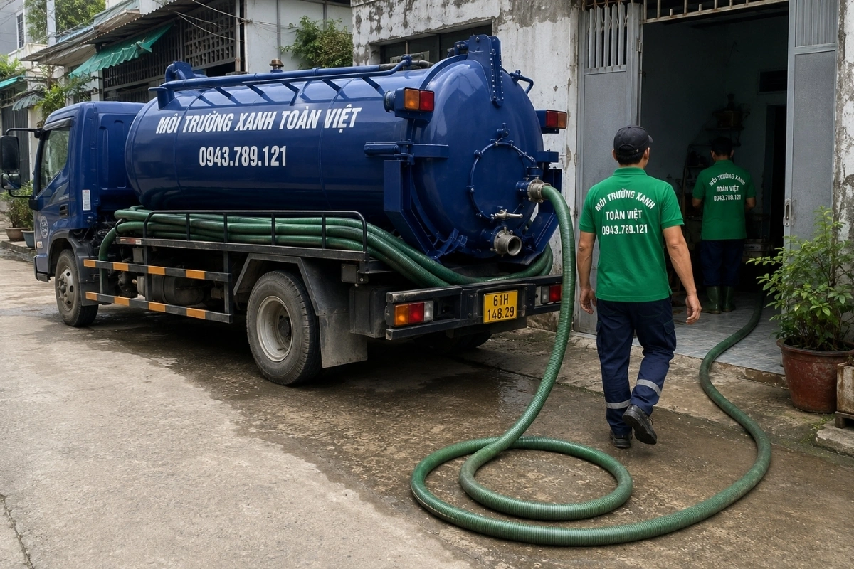 Xe bồn hút hầm cầu phục vụ tại tuyến đường dân cư