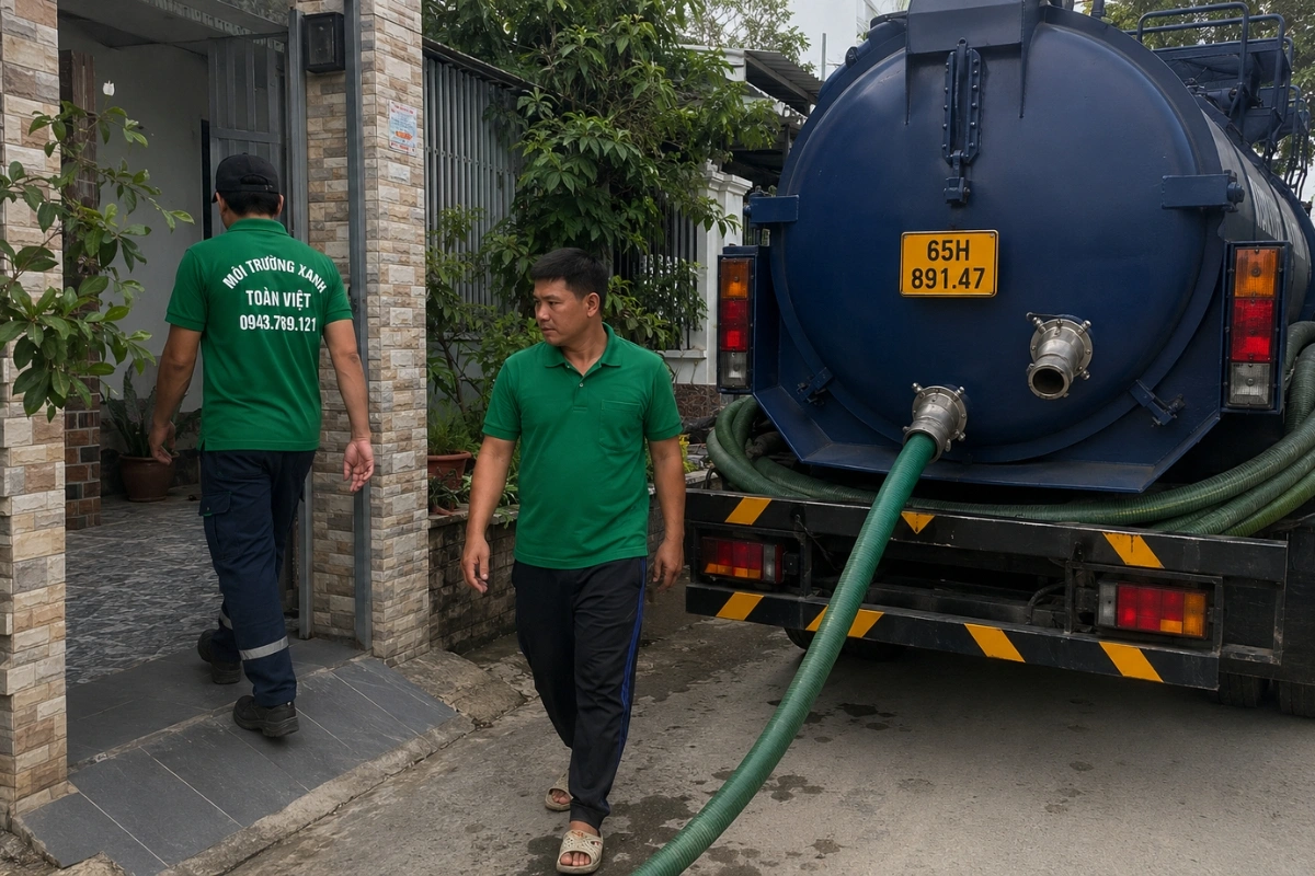 Xe hút hầm cầu màu xanh cùng đội ngũ kỹ thuật