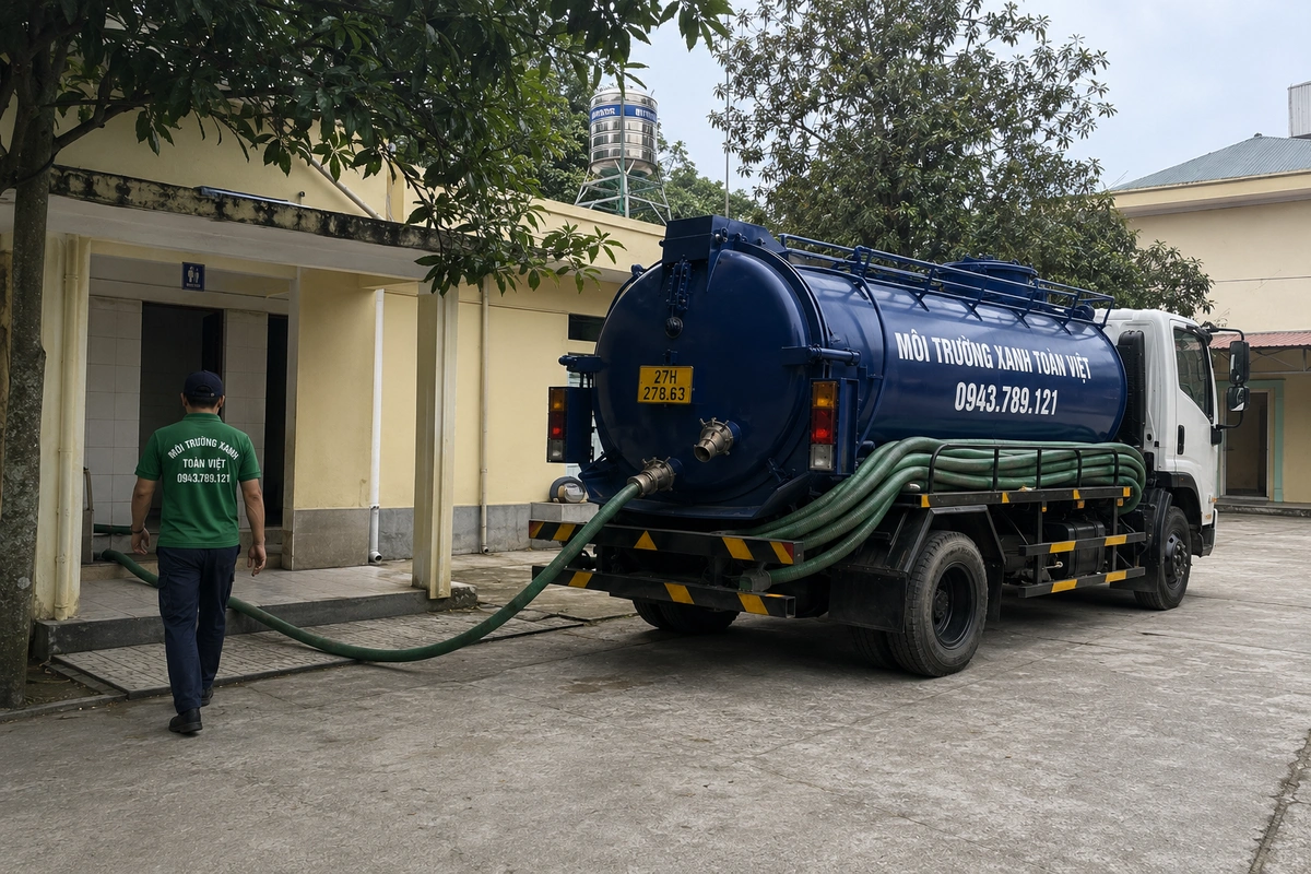 Đội ngũ hút hầm cầu đang tiếp cận nhà dân