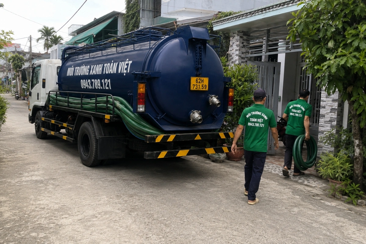 Hút Hầm Cầu Đức Hòa – Nhận Nhà Dân, Nhà Trọ, Nhà Xưởng 7 Xe bồn hút hầm cầu đậu trước nhà khách hàng