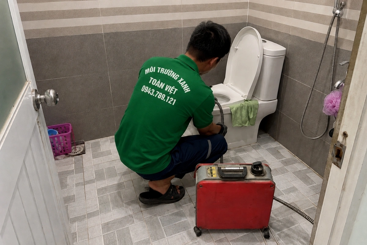 Thông Bồn Cầu Tân Hồng Trực 24/7, Môi Trường Xanh Toàn Việt 9 Kỹ thuật viên đang phục hồi khả năng thoát nước của bồn cầu.