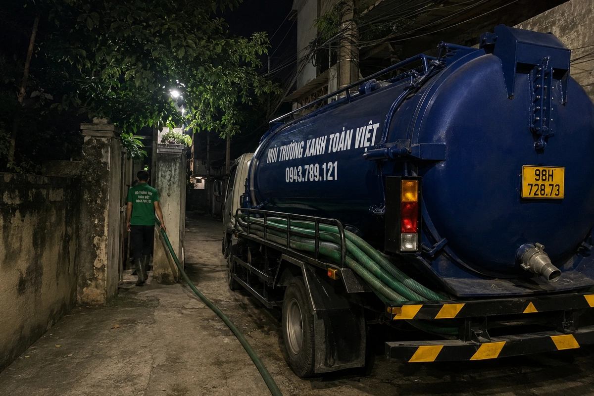Nhân viên phục vụ hút hầm cầu tại tuyến đường dân sinh