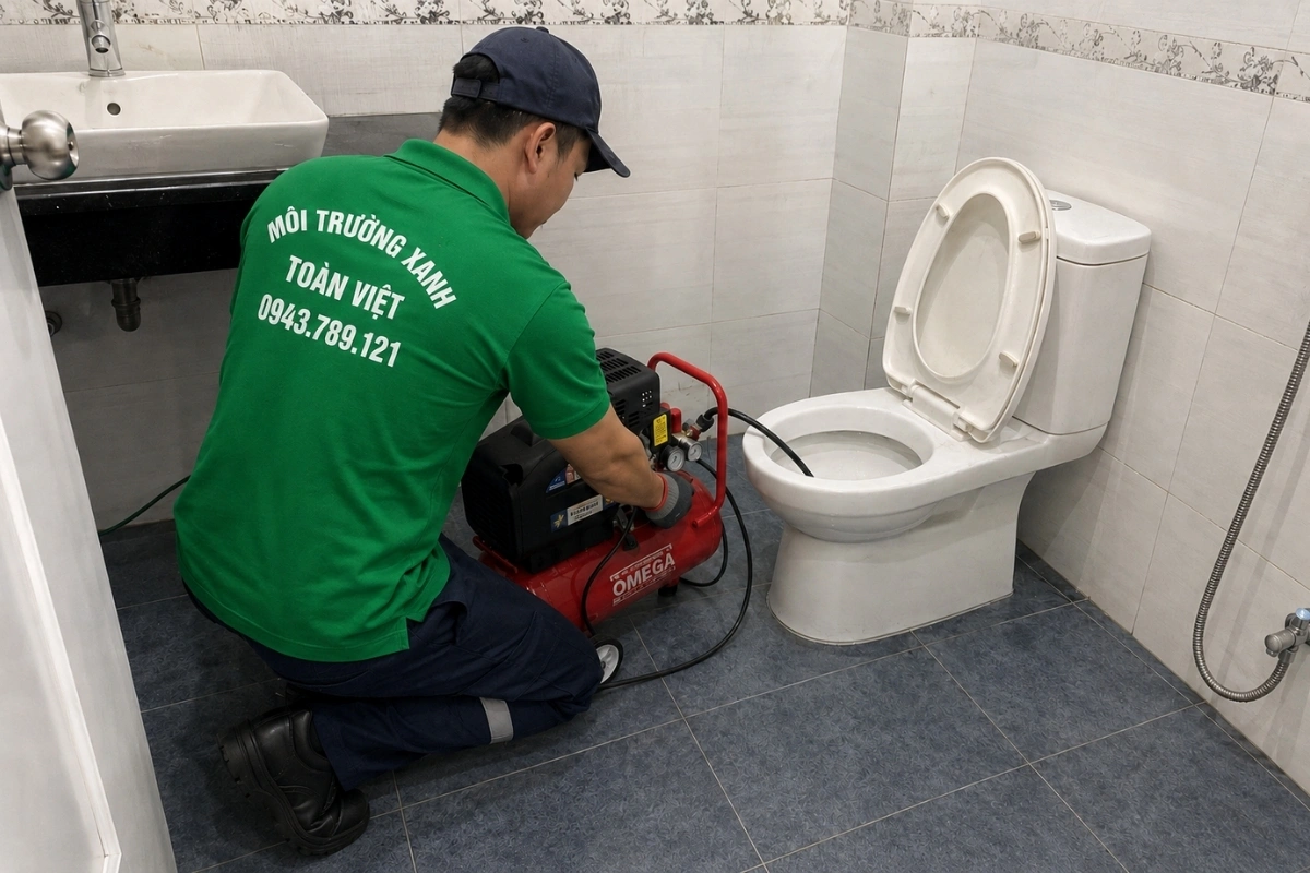 Nhân viên kỹ thuật đang xử lý bồn cầu nghẹt nặng.