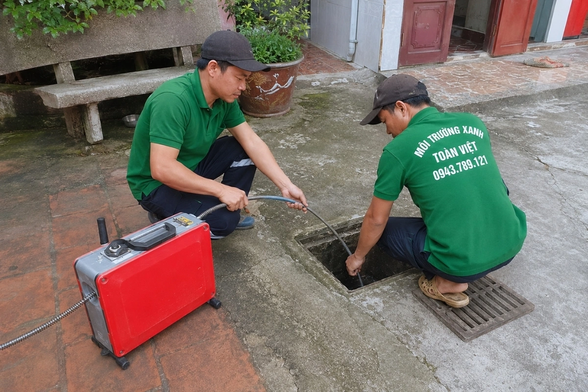 Hai nhân viên mặc áo xanh đang thực hiện thông cống nghẹt.
