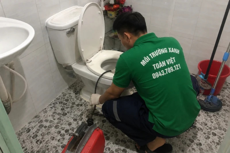Nhân viên Toàn Việt điều khiển dây thông qua miệng bồn cầu