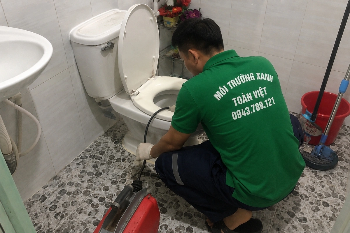 Kỹ thuật viên dùng dây xoắn để thông đường ống vệ sinh.