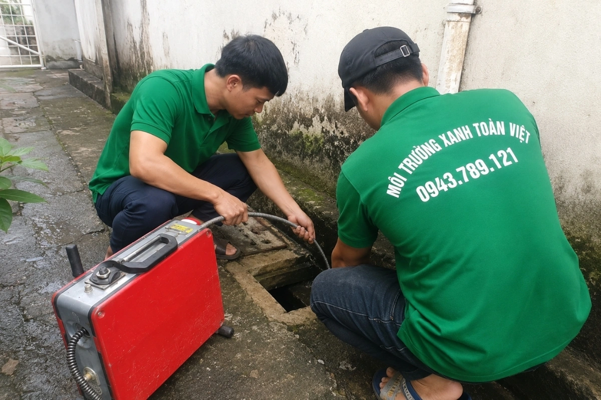 Nhân viên đang xử lý tình trạng cống bị tắc lâu ngày.