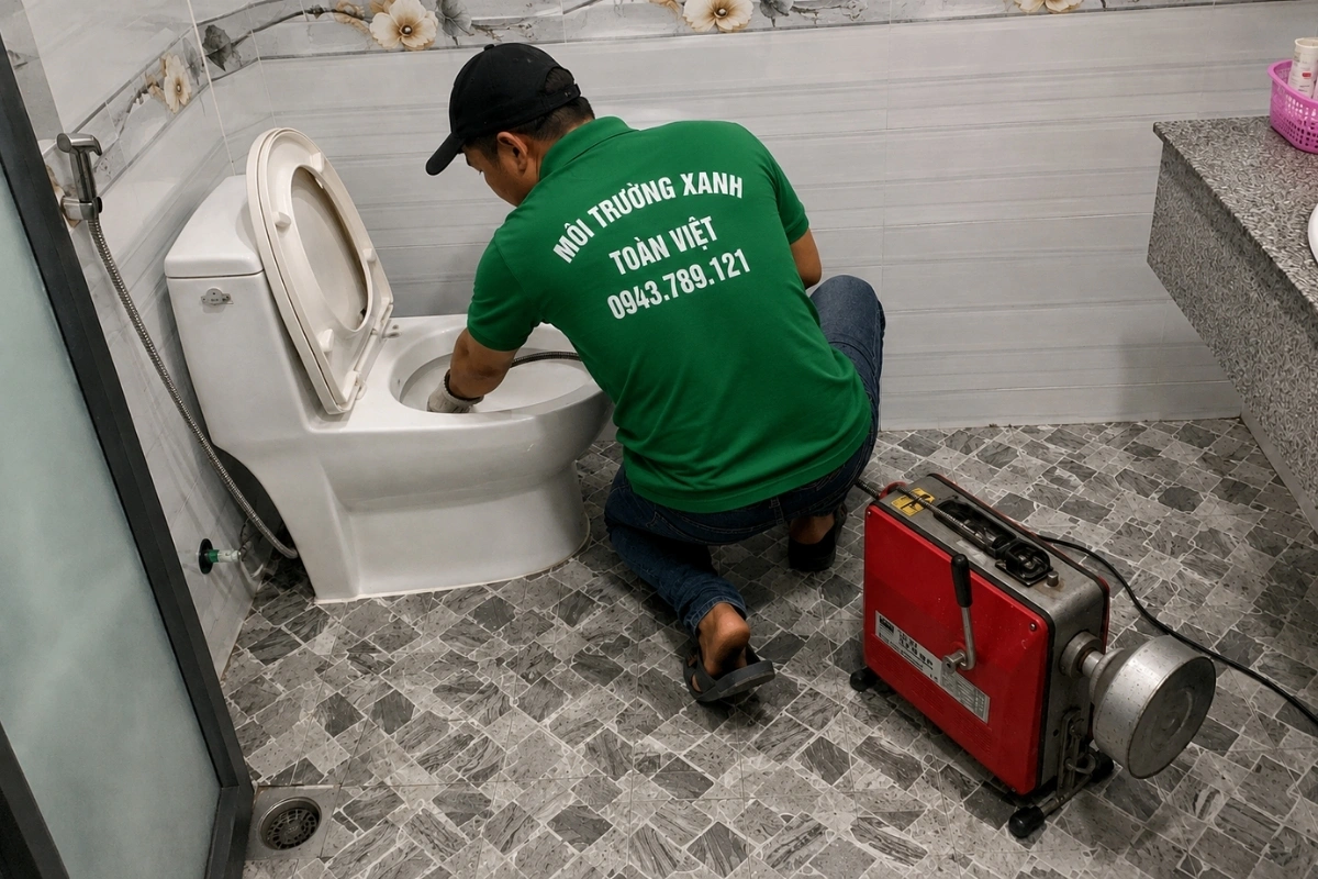 Nhân viên đang xử lý bồn cầu bị ứ nước.