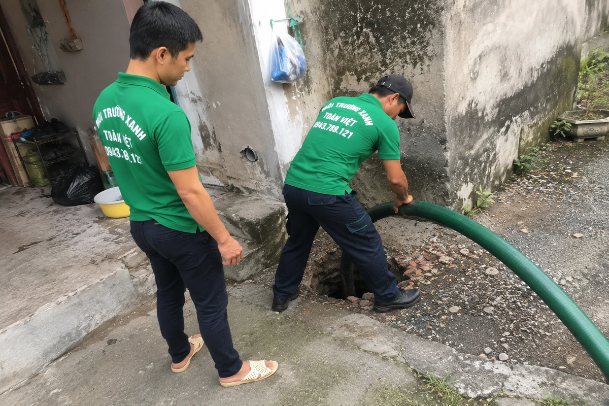 Thợ hút hầm cầu đưa đường ống đến điểm cần xử lý