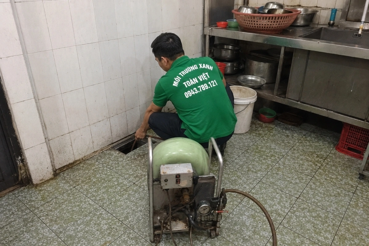 Kỹ thuật viên đang thực hiện bảo dưỡng hệ thống thoát nước.