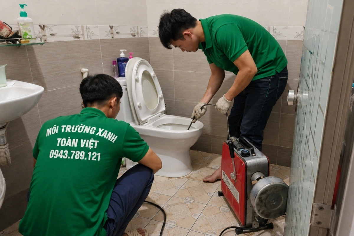 Thông Bồn Cầu Cần Đước 24/7, Nghẹt Nặng Xử Lý Liền 7 Kỹ thuật viên đang thông tắc bồn cầu bằng dây thép lò xo.