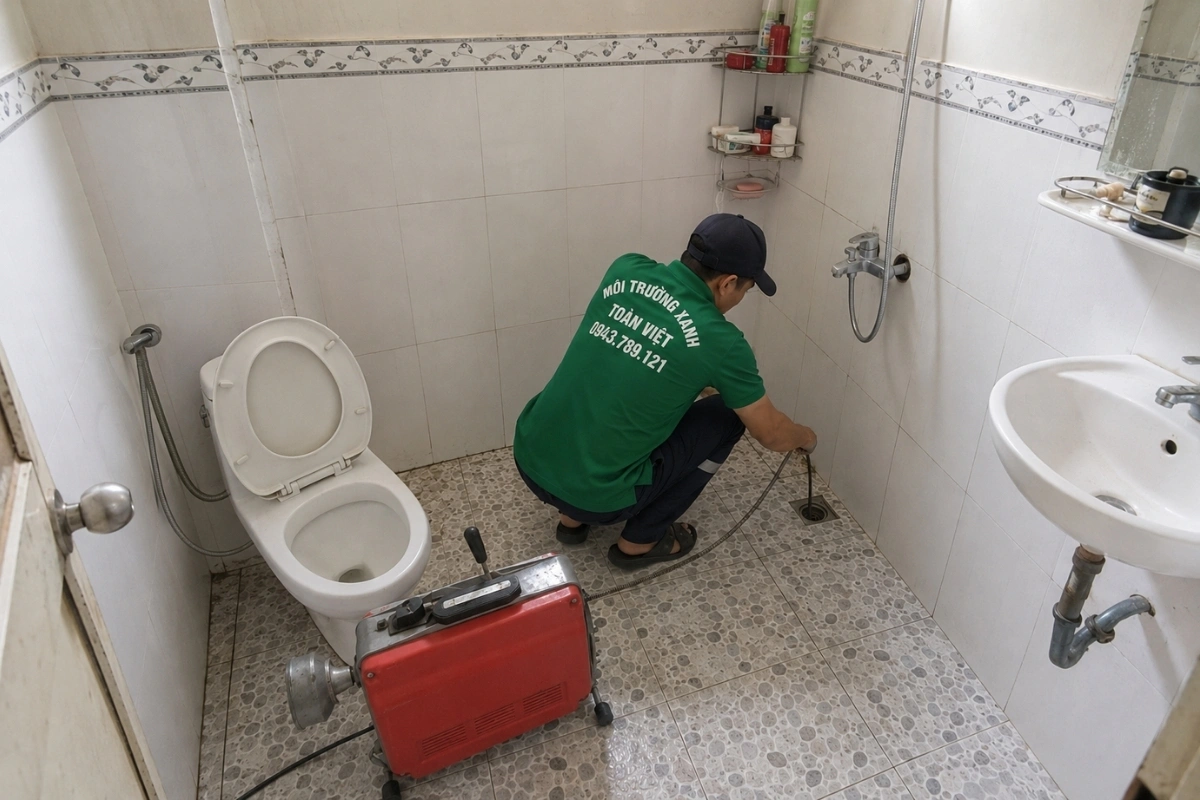 Thông Cống Nghẹt Bến Cầu Uy Tín 24/7 | Xanh Toàn Việt 10 Đội ngũ kỹ thuật đang kiểm tra đường ống sau khi vệ sinh.