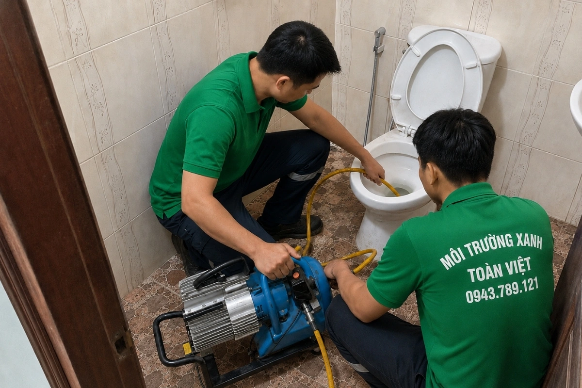 Kỹ thuật viên đang xử lý sự cố đường thoát nước bồn cầu.