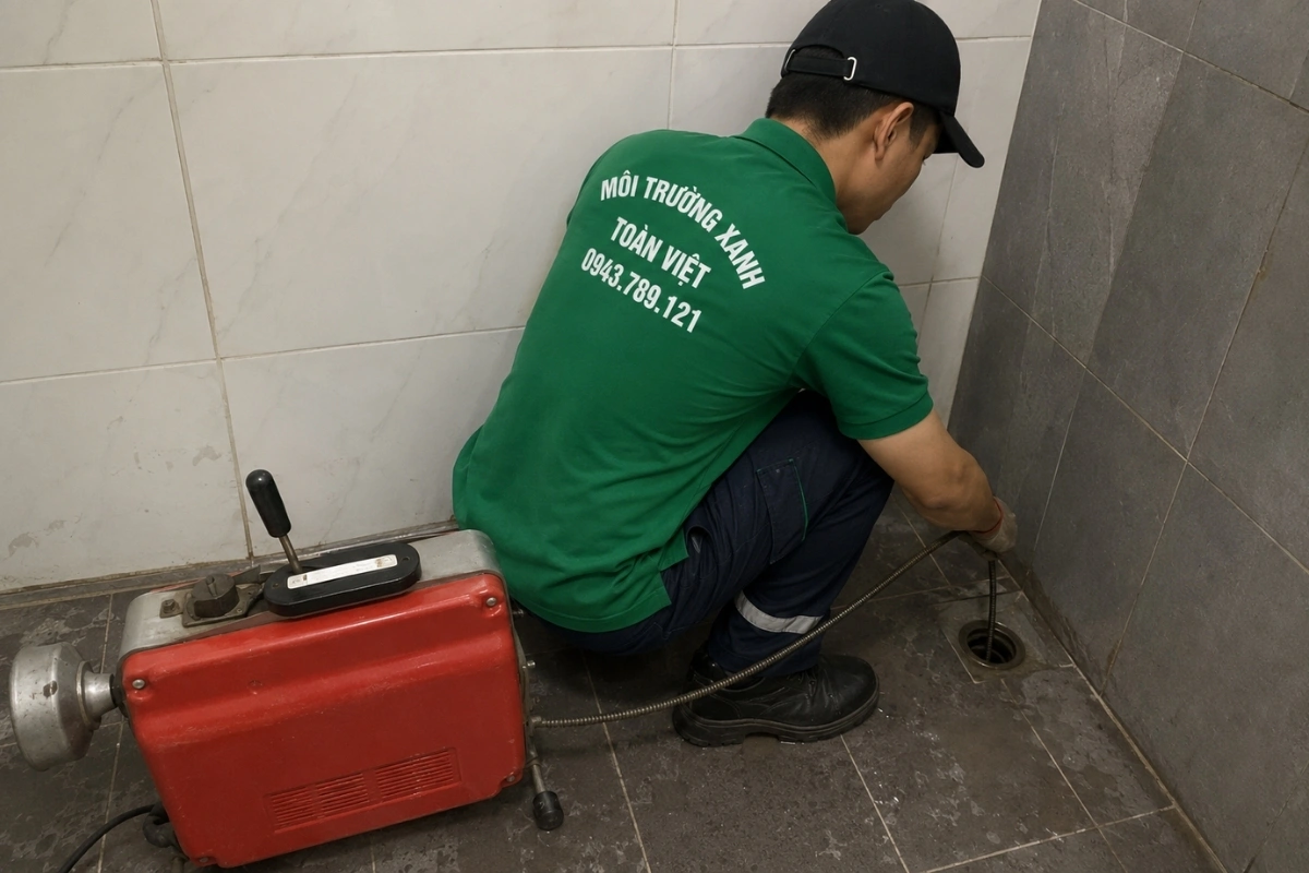 Nhân viên đang thực hiện xử lý cống nghẹt theo quy trình.