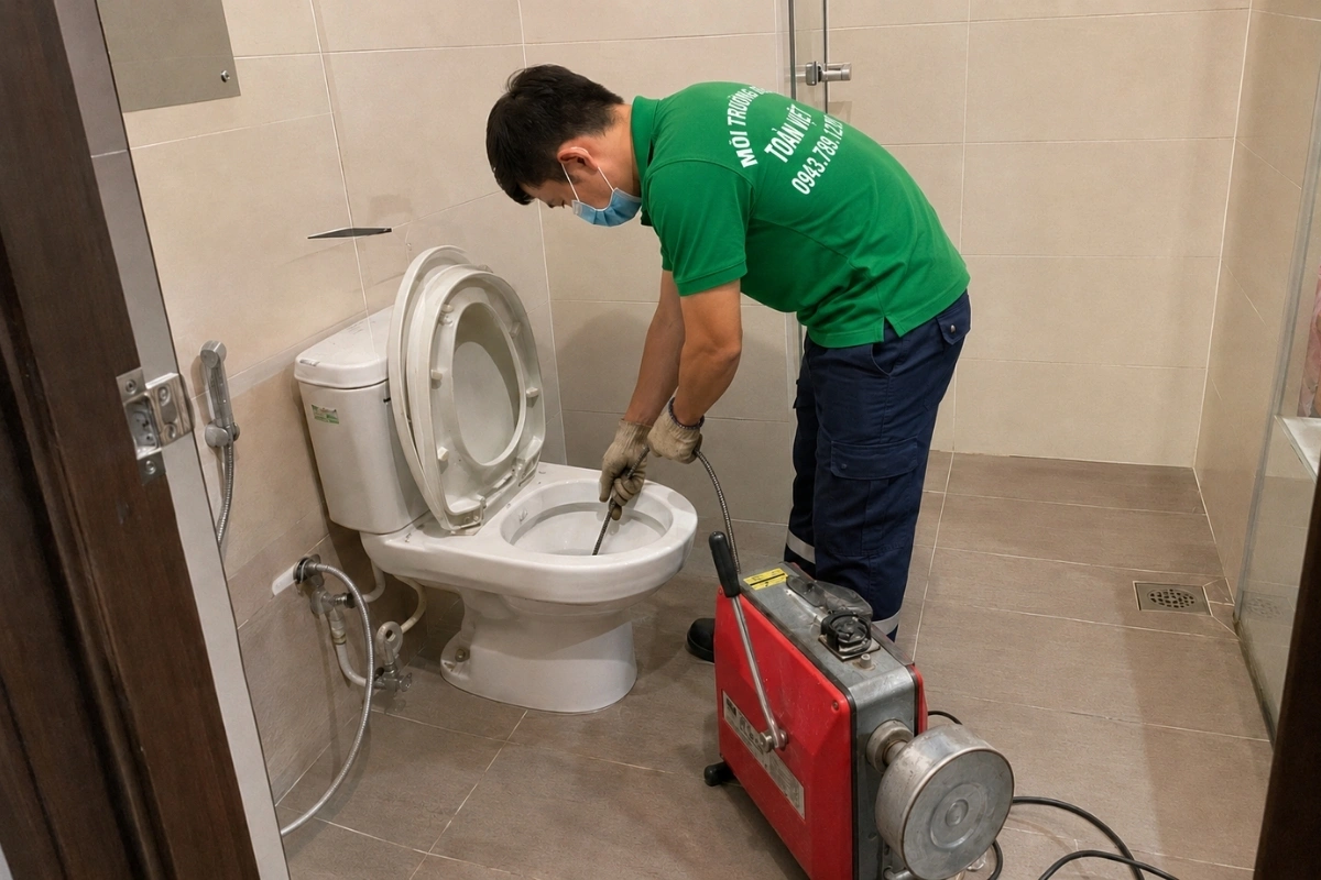 Nhân viên đưa dây thông sâu vào đường ống bồn cầu.