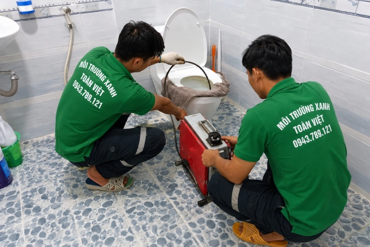 Kỹ thuật viên thao tác máy thông bồn cầu tại công trình.