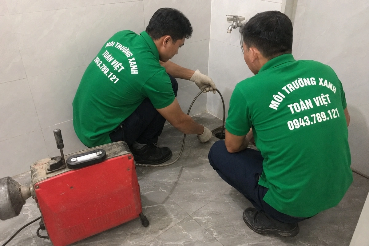 Nhân viên đang xử lý và làm sạch đường ống thoát nước bị nghẹt.