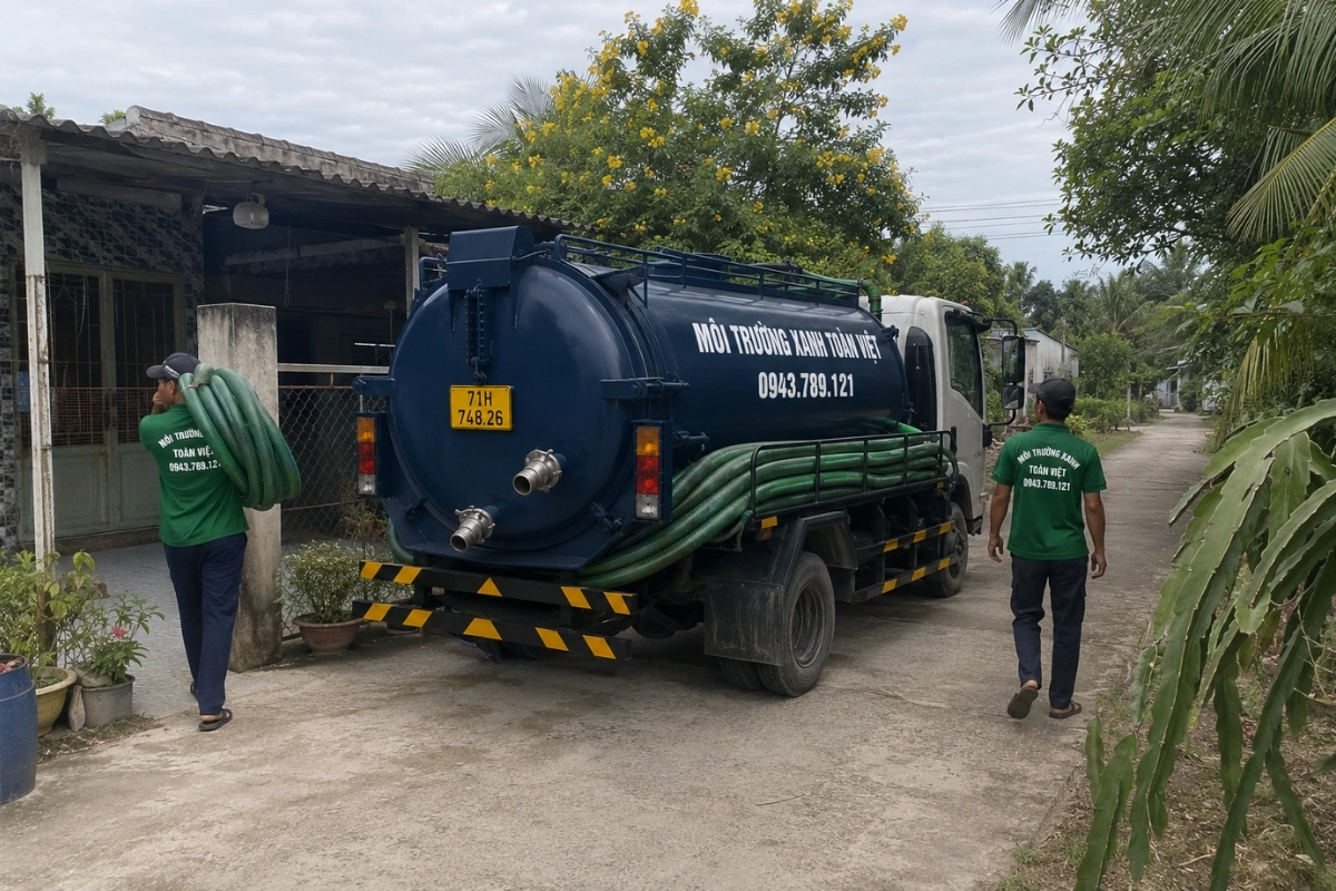Hút Hầm Cầu Thới Lai – 4 Tình Huống Khó Vẫn Có Xe Xử Lý 11 Nhân viên triển khai dịch vụ hút hầm cầu tại nhà dân