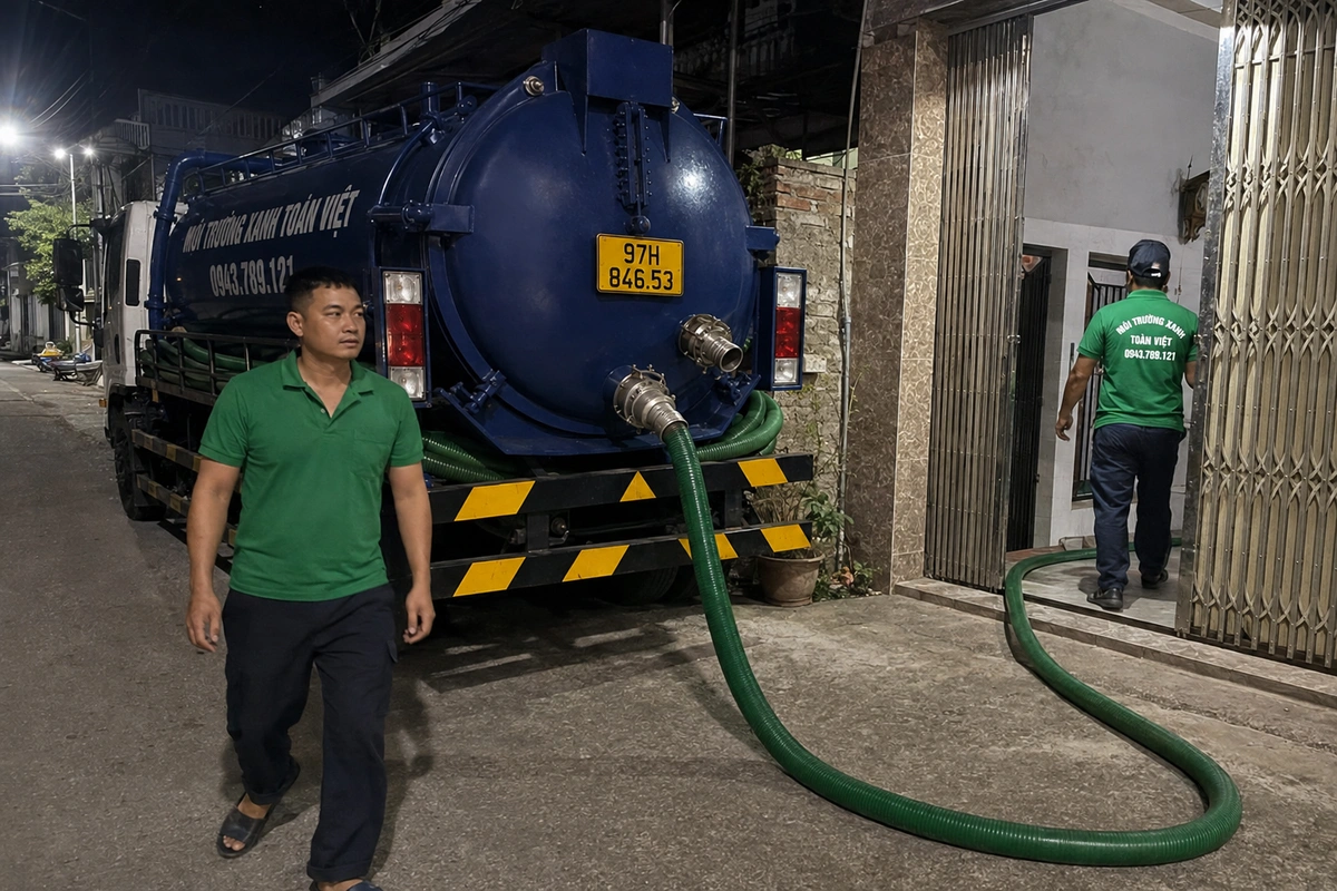 Thợ hút hầm cầu chuẩn bị thiết bị tại khu vực nhà ở
