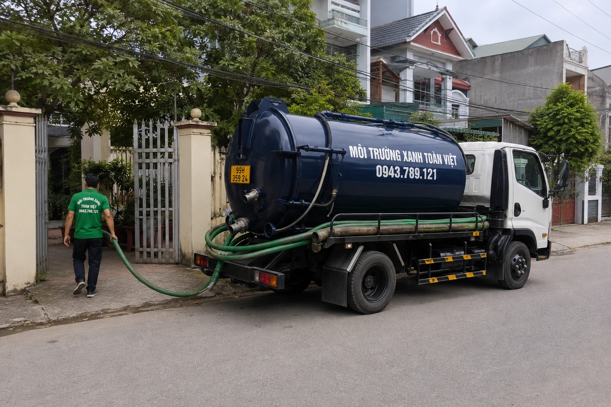 Hai kỹ thuật viên phục vụ cùng xe hút hầm cầu