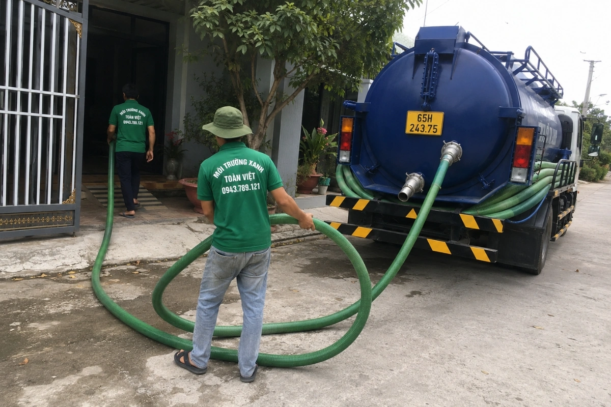 Nhân viên triển khai dịch vụ hút hầm cầu tại nhà dân