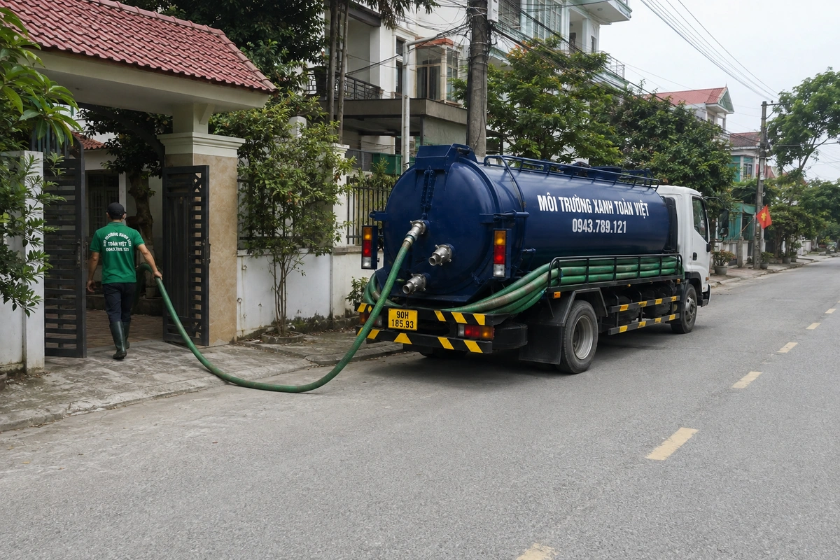 Xe bồn hút hầm cầu chuẩn bị phục vụ khách hàng