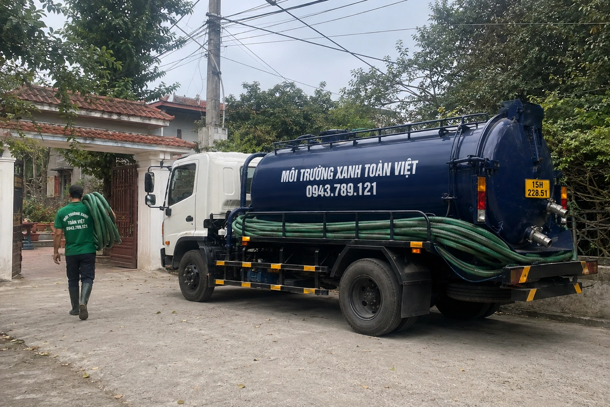 Xe hút hầm cầu phục vụ khách hàng tại khu nhà phố