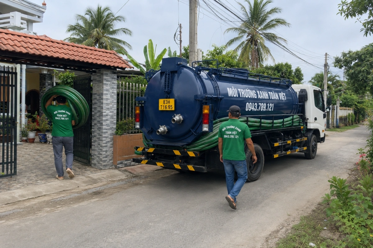 Hút Hầm Cầu Mỹ Xuyên, Giá Theo Khối, Thợ Tới Trong 25 Phút 9 Xe hút hầm cầu và nhân viên đang chuẩn bị thi công
