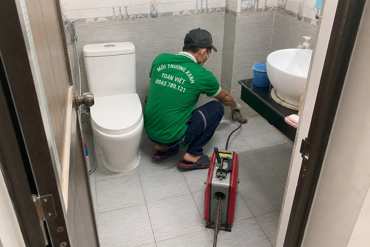 Nhân viên kỹ thuật đang xử lý đường ống thoát nước chậm.