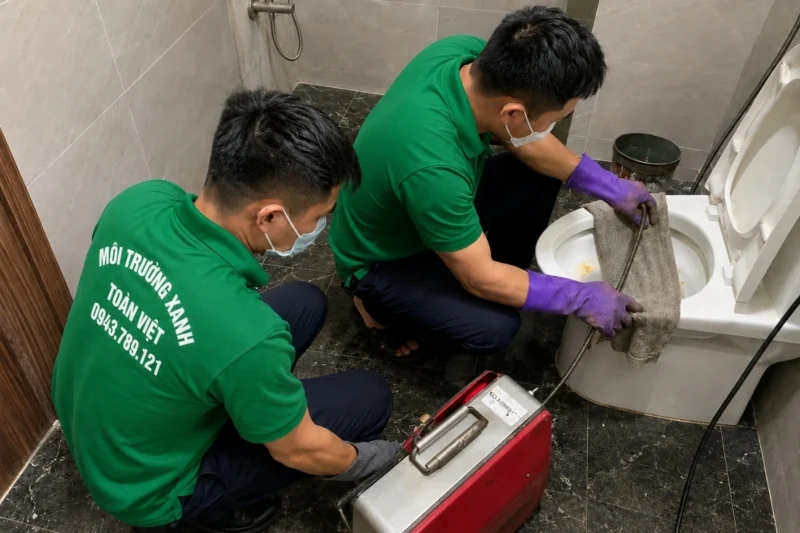 Hai nh&acirc;n vi&ecirc;n To&agrave;n Việt d&ugrave;ng khăn che quanh d&acirc;y th&ocirc;ng.