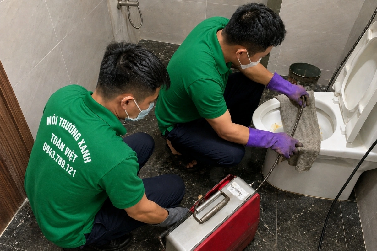 Nhân viên vệ sinh môi trường đang thông tắc bồn cầu.