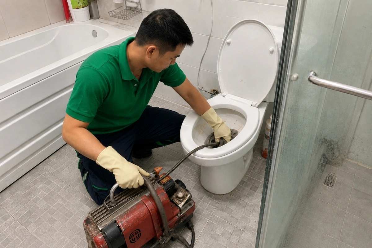Kỹ thuật viên đang xử lý bồn cầu bị tắc bằng thiết bị hiện đại.