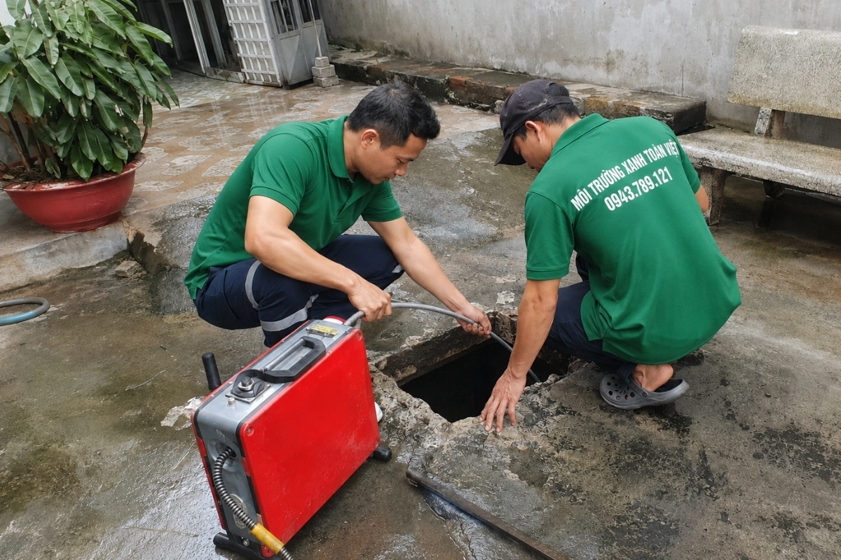 Hai nhân viên đang vận hành máy và giữ ổn định dây thông.