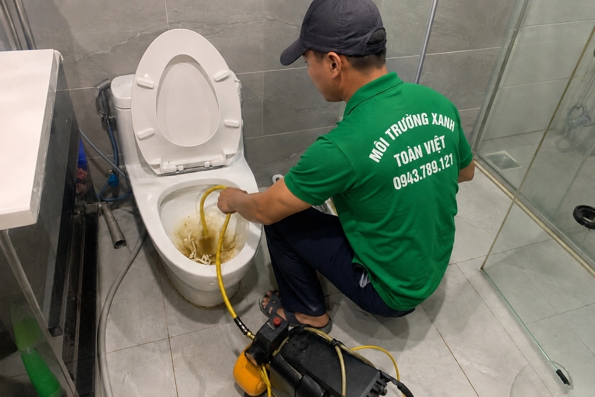 Nhân viên đang xử lý điểm nghẹt sâu trong bồn cầu.