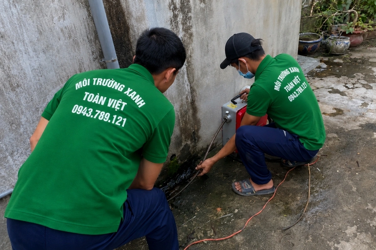 Đội thợ đang xử lý phần tắc nghẽn nằm sâu trong đường ống.