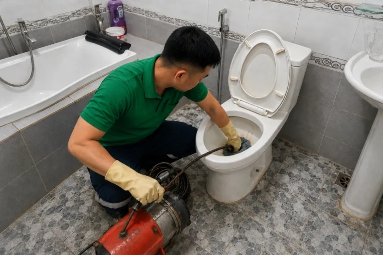 Nhân viên thông bồn cầu bằng phương pháp dây lò xo quay.