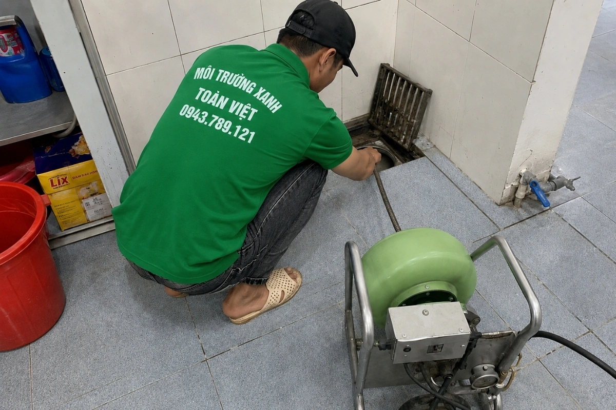 Thông Cống Nghẹt Phú Giáo, Thay Đoạn Chịu Tải, 24/7 11 Nhân viên đang khai thông đường ống bằng dụng cụ có đầu xoay.