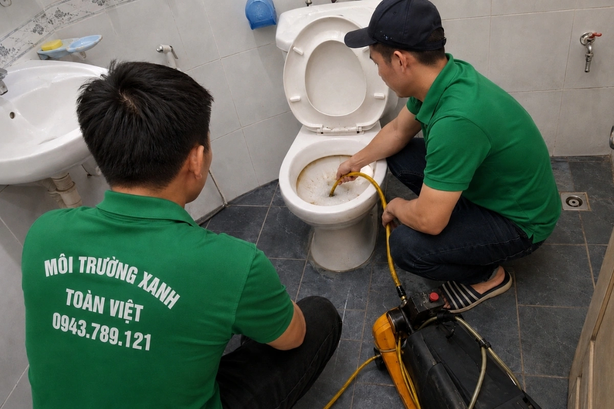 Thông Bồn Cầu Bến Lức 24/7, Thợ Tới Tận Khu Trọ, Quán Ăn 9 Nhân viên đang xử lý đường ống bồn cầu bị cản trở.