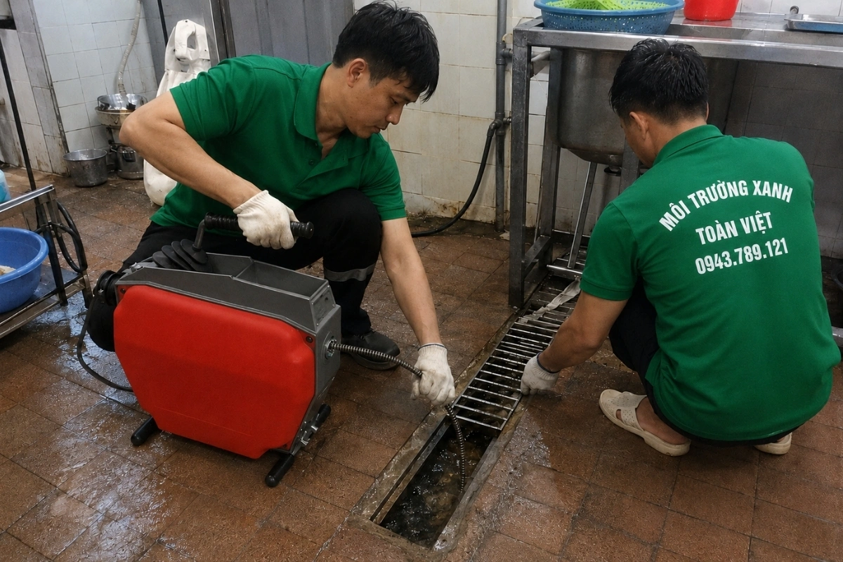 Thông Cống Nghẹt Châu Thành Tây Ninh 24/7 | Xanh Toàn Việt 10 Đội kỹ thuật đang dùng lực cơ học để đẩy chất cản ra khỏi ống.