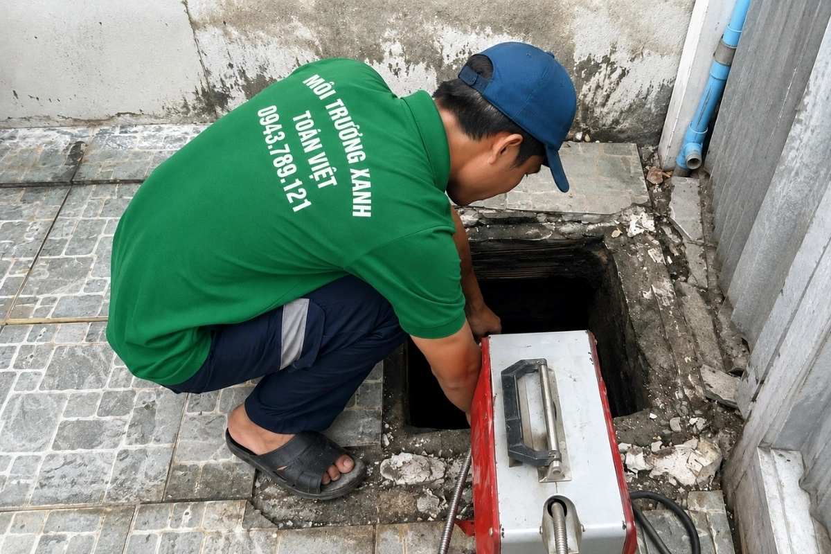 Nhân viên đang tháo gỡ điểm nghẽn trong hệ thống thoát nước.
