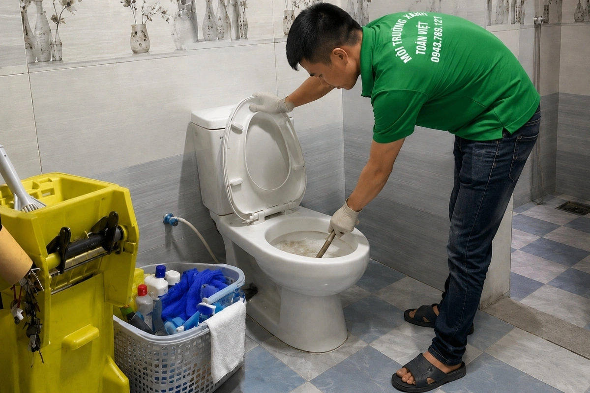 Kỹ thuật viên đang xử lý nghẹt bồn cầu bằng thiết bị vệ sinh chuyên dụng.