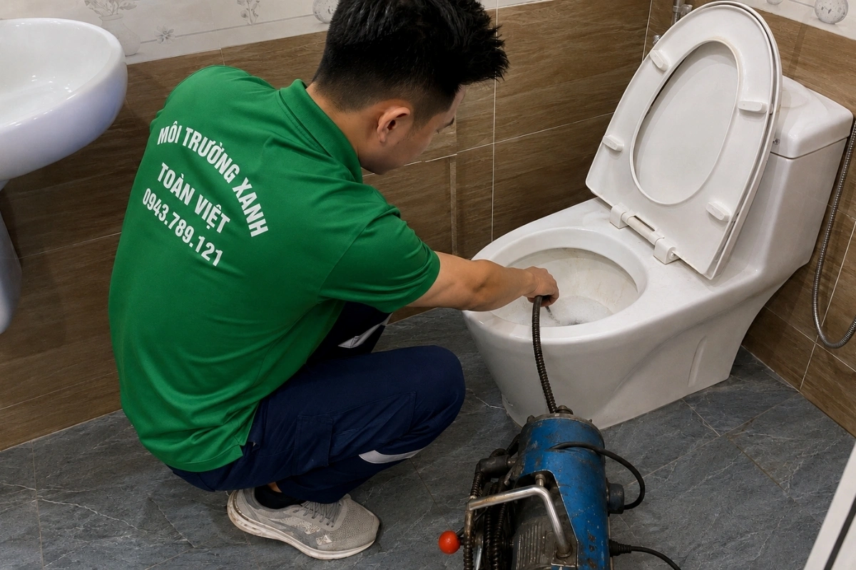Thông Bồn Cầu Cần Đước 24/7, Nghẹt Nặng Xử Lý Liền 9 Nhân viên đang thông bồn cầu để khắc phục nước thoát chậm.