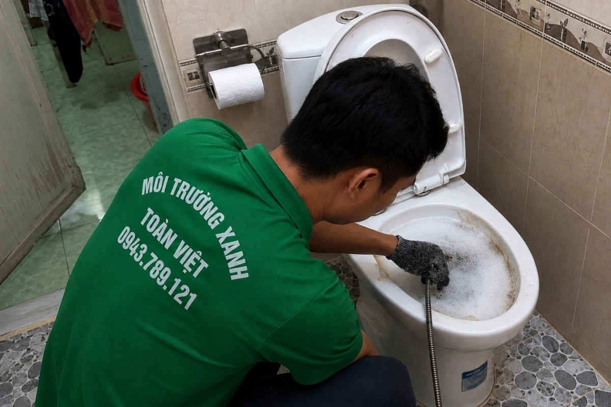 Kỹ thuật viên đang dùng máy thông tắc trong nhà vệ sinh.