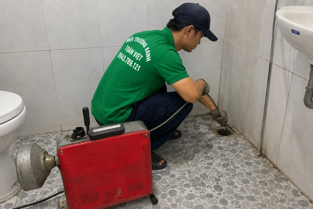 Đội thợ đang xử lý đường ống bằng máy thông tắc dạng cuộn dây.