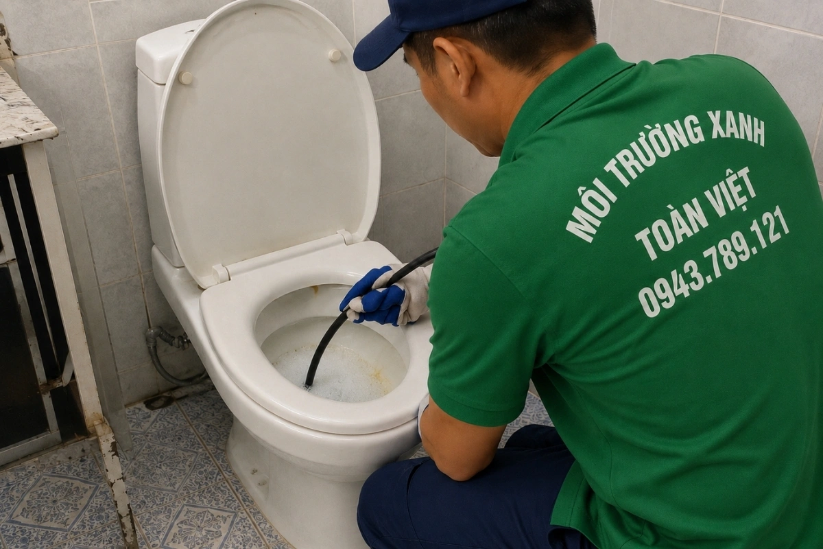 Nhân viên đang khắc phục đường xả bồn cầu bị tắc.