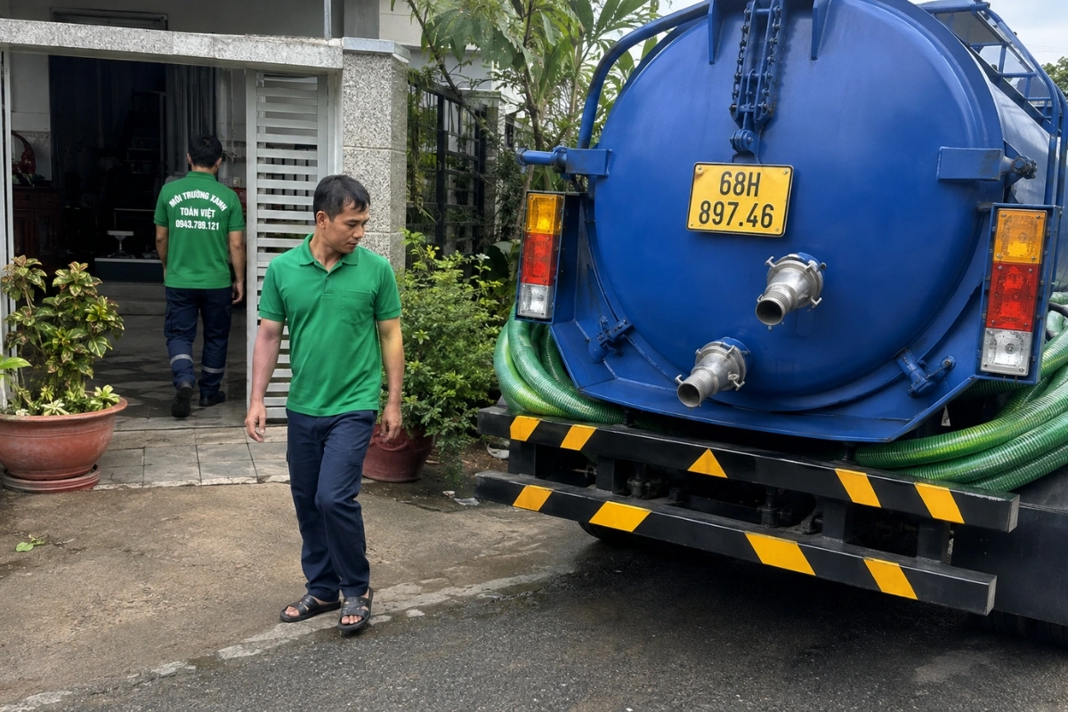 Hút Hầm Cầu Gò Quao - 3 Mùa Lễ Hội Khmer & Vùng Trồng Khóm 8 Nhân viên kiểm tra vị trí hút hầm cầu tại nhà dân