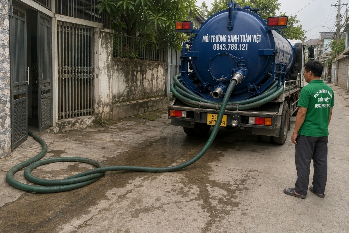 Nhân viên kiểm tra vị trí hút hầm cầu tại nhà dân