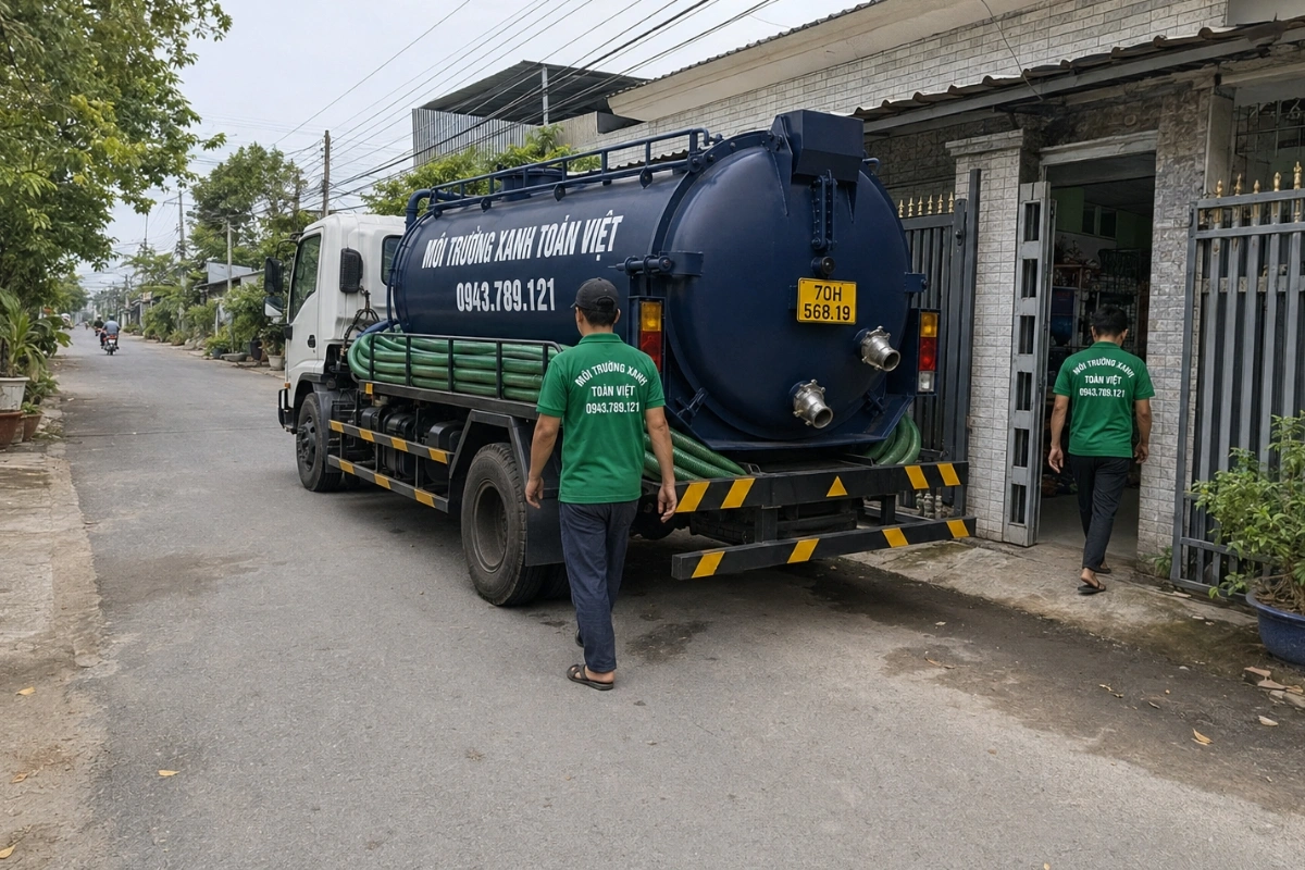 Hút Hầm Cầu Tân Biên 24/7, Báo Giá Theo Khối | Xanh Toàn Việt 9 Nhân viên kiểm tra vị trí hút hầm cầu tại nhà dân
