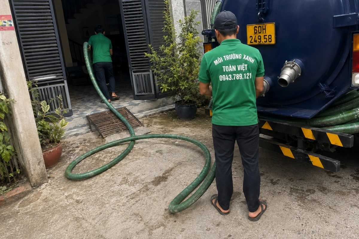 Hút Hầm Cầu Biên Hòa 24/7, Xe Nhỏ Vô Hẻm, Chốt Giá Theo Khối 11 Xe hút hầm cầu và nhân viên đang chuẩn bị thi công
